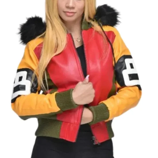 Women’s 8 Ball Red Fur Hooded Leather Jacket