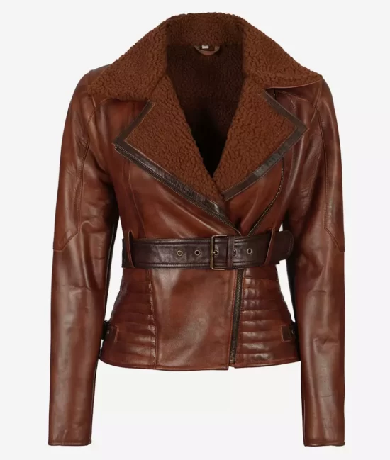 Womens Asymmetrical Brown Sherpa Leather Jacket