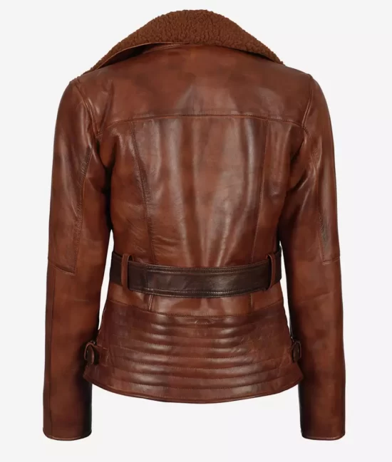 Womens Asymmetrical Brown Sherpa Leather Jacket Back