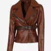 Womens Asymmetrical Brown Sherpa Leather Jacket Front