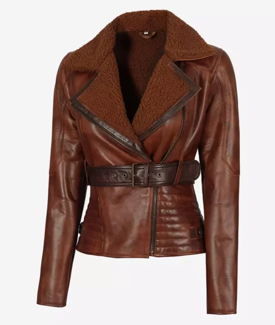 Womens Asymmetrical Brown Sherpa Leather Jacket Front