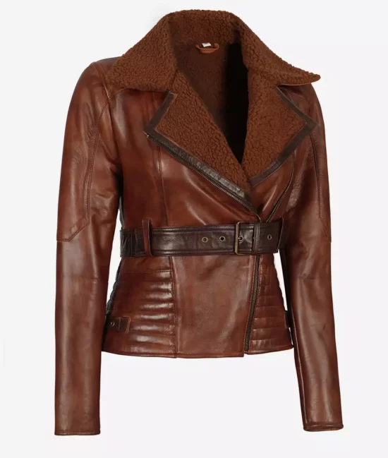 Womens Asymmetrical Brown Sherpa Real Leather Jacket