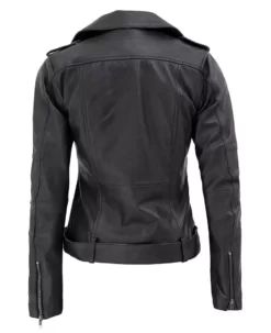 Women's Asymmetrical Leather Motorcycle Jacket with Belted Waist