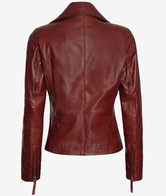 Womens Best Lambskin Leather Asymmetrical Maroon Motorcycle Leather Jacket