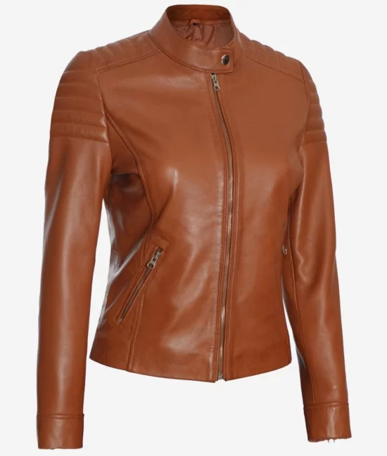 Womens Best Quality Lambskin Leather Tan Biker Jacket
