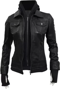 Womens Best Real Leather Biker Slim Fit Hooded Motorcycle Jacket