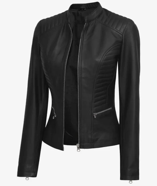 Womens Biker Mandarin Collar Top Vegan Full Genuine Leather Jacket