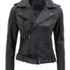 Women's Black Asymmetrical Motorcycle Full Genuine Leather Jacket with Belted Waist