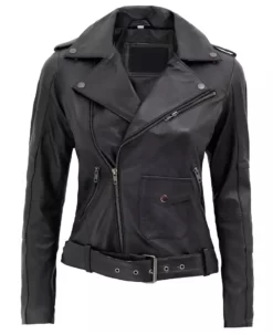 Women's Black Asymmetrical Motorcycle Full Genuine Leather Jacket with Belted Waist