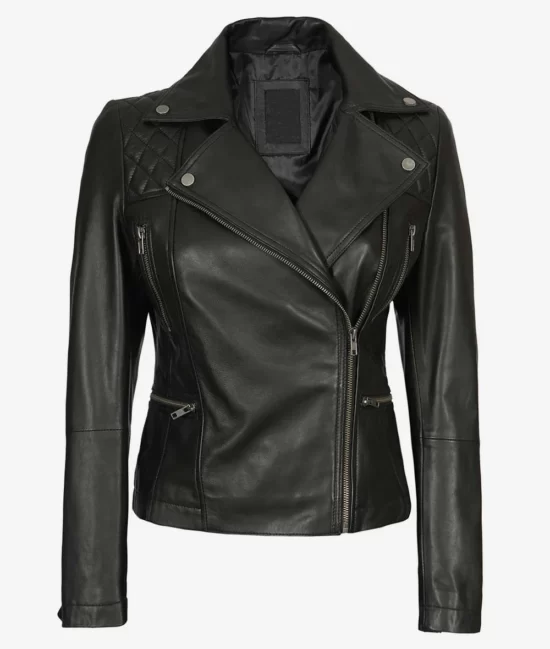 Womens Black Lambskin Leather Quilted Biker Jacket
