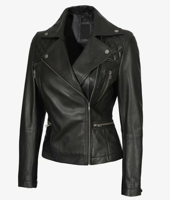 Womens Black Leather Quilted Biker Jacket
