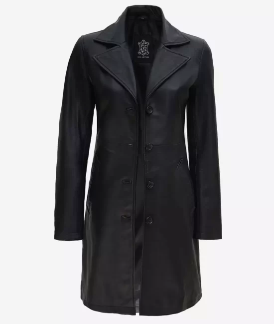 Womens Black Long Trench Leather Coat