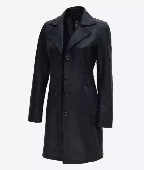 Womens Black Long Trench Real Leather Coat