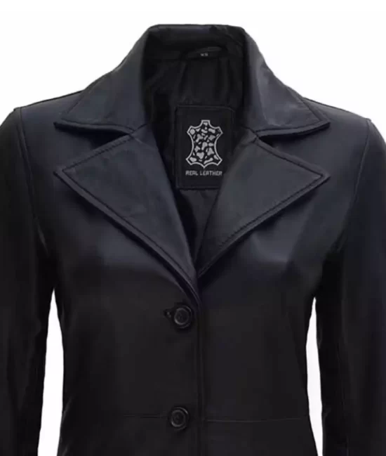 Womens Black Long Trench Top Leather Coat