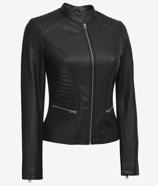 Womens Black Real Vegan Leather Mandarin Collar Biker Jacket