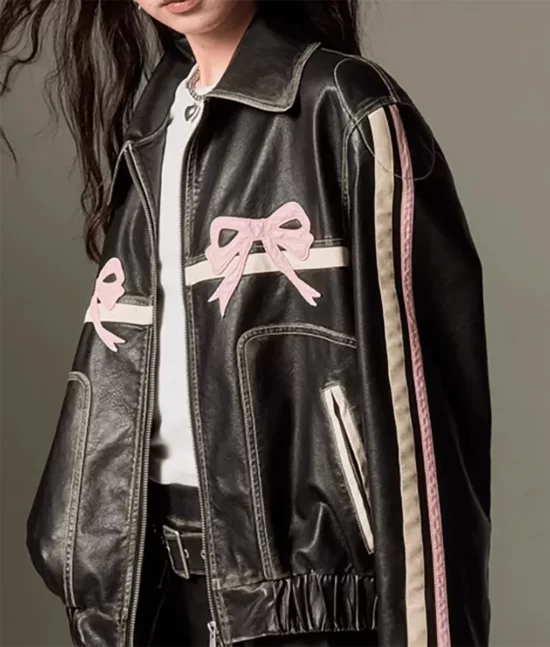 Women’s Black Ribbon Top Leather Jacket
