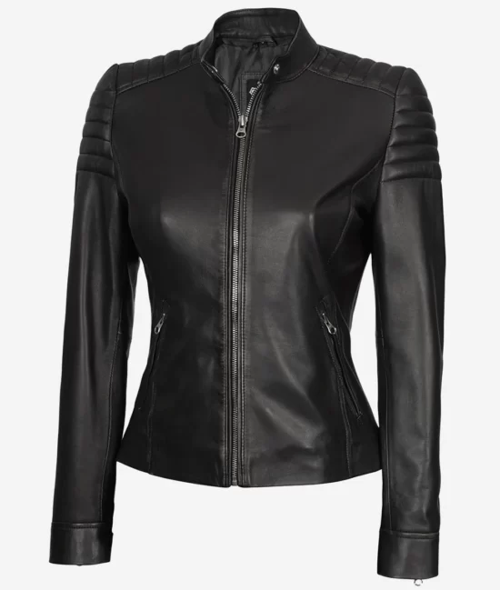 Womens Black Vegan Cafe Racer Real Leather Jackets