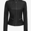 Womens Black Vegan Leather Mandarin Collar Biker Jacket