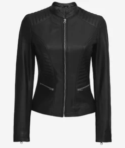 Womens Black Vegan Leather Mandarin Collar Biker Jacket