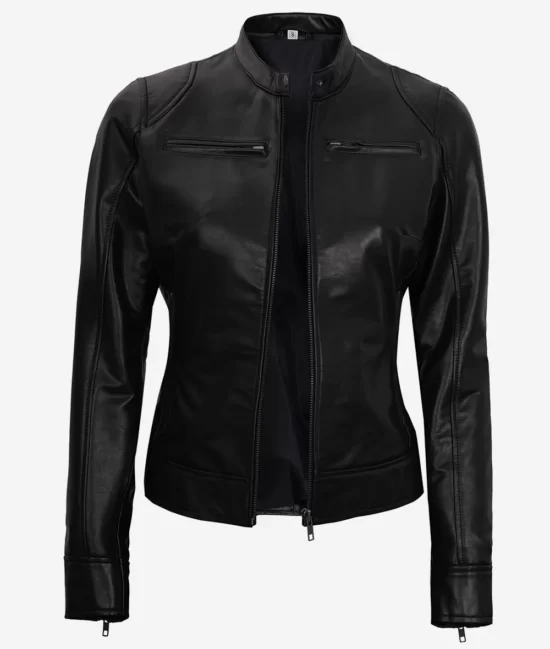 Womens Black Vegan Leather Moto Jacket