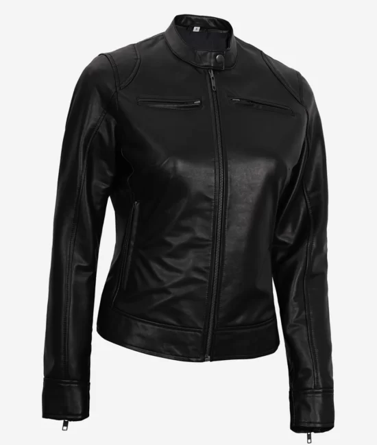 Womens Black Vegan Real Leather Moto Jacket