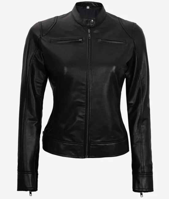 Womens Black Vegan Top Leather Moto Jacket