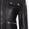 Womens Bomber Trucker Black Leather Jacket Pockets
