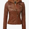 Womens Brown Removable Hood Full Genuine Leather Moto Jacket