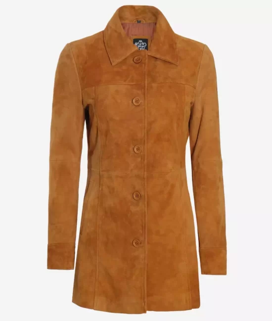 Womens Brown Suede Leather Coat Front