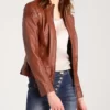 Women’s Browny Cafe Racer Real Leather Jacket