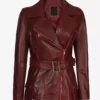 Women's Burgundy Asymmetrical Four Pocket Belted Motorcycle Top Leather Jacket