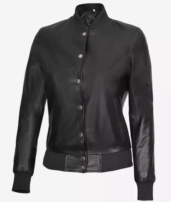 Women's Button Closure Black Bomber Best Leather Jacket