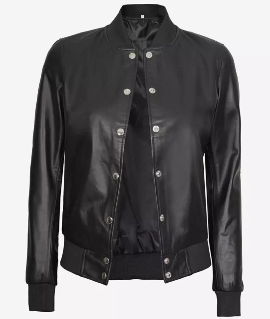 Women's Button Closure Black Bomber Leather Jacket