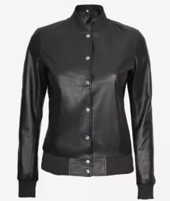 Women's Button Closure Black Bomber Leather Jacket Front