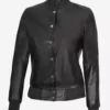Women's Button Closure Black Bomber Real Leather Jacket