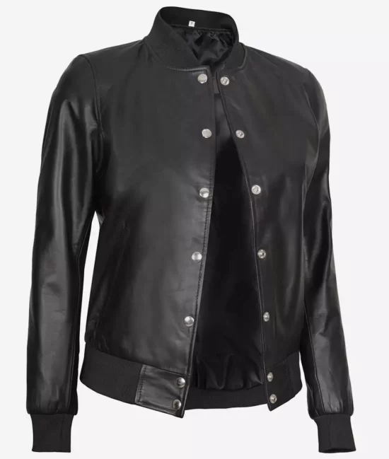 Women's Button Closure Black Bomber Top Leather Jacket