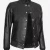 Women's Button Closure Black Bomber Top Leather Jacket