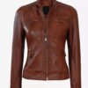 Womens Cognac Biker With Quilted Shoulder Detailing Full Genuine Leather Jacket