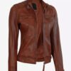 Womens Cognac Biker With Quilted Shoulder Detailing Genuine Leather Jacket