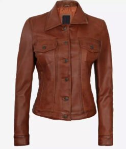 Womens Cognac Brown Trucker Full Genuine Leather Jacket