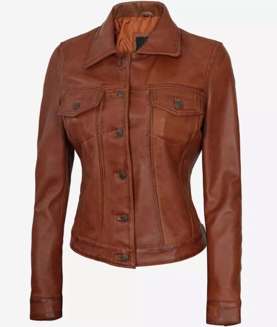 Women's Cognac Brown Trucker Genuine Leather Jacket