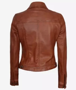 Womens Cognac Brown Trucker Leather Jacket Back