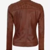 Womens Cognac Leather Biker Jacket With Quilted Shoulder Detailing Back