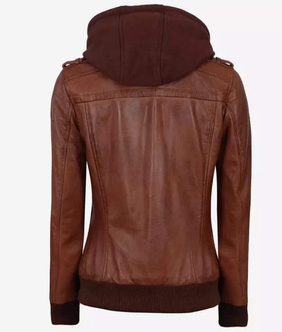 Womens Cognac Leather Bomber Jacket With Removable Hood - Real Leather Jacket Back