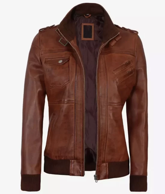 Womens Cognac Real Leather Bomber Jacket