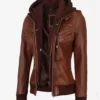 Women's Cognac Real Leather Bomber Jacket With Removable Hood