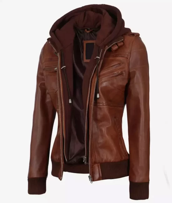 Women's Cognac Real Leather Bomber Jacket With Removable Hood