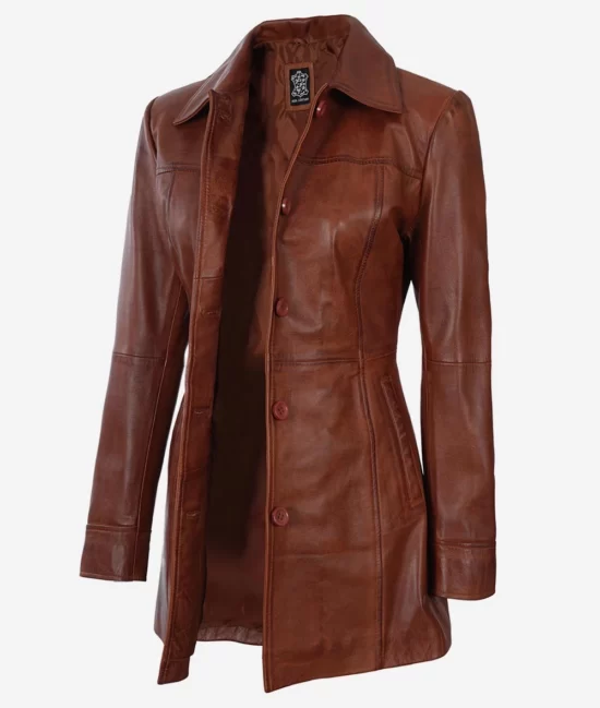 Womens Cognac Real Leather Coat