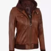 Womens Cognac Real Leather Jacket With Removable Hood