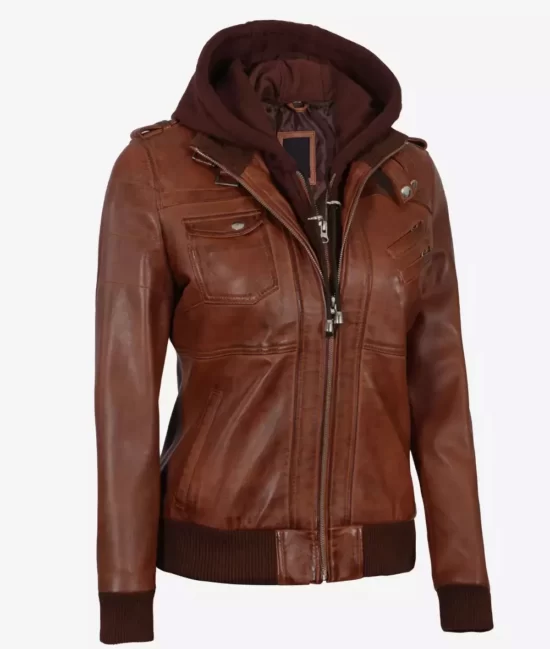 Womens Cognac Real Leather Jacket With Removable Hood